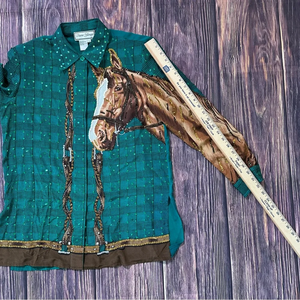 Vintage Diane Gilman 100% Silk Sequins Horse Green Plaid Button Down Blouse - Picture 6 of 7